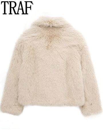 Yipinpay 2023 Faux Fur Coat Women Cropped Fluffy Jacket For Women Beige Winter Women's Cold Coat Long Sleeve Warm Heavy Jackets
